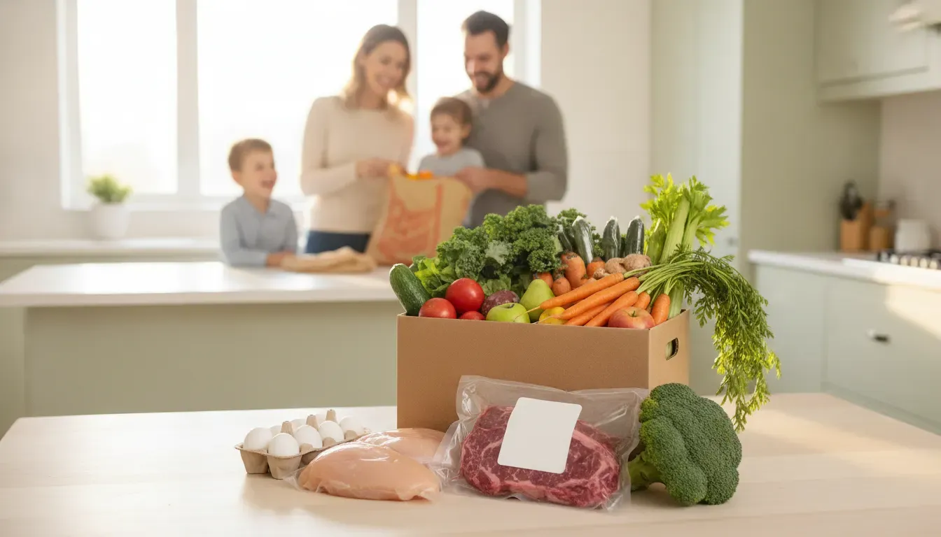 Family unpacking a good food box of fresh groceries in an Ontario kitchen