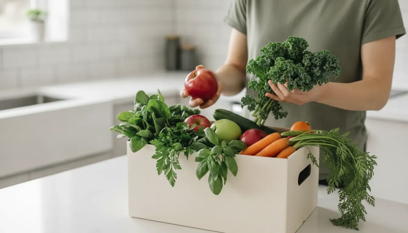 Shopper checking fresh produce while comparing good food box options