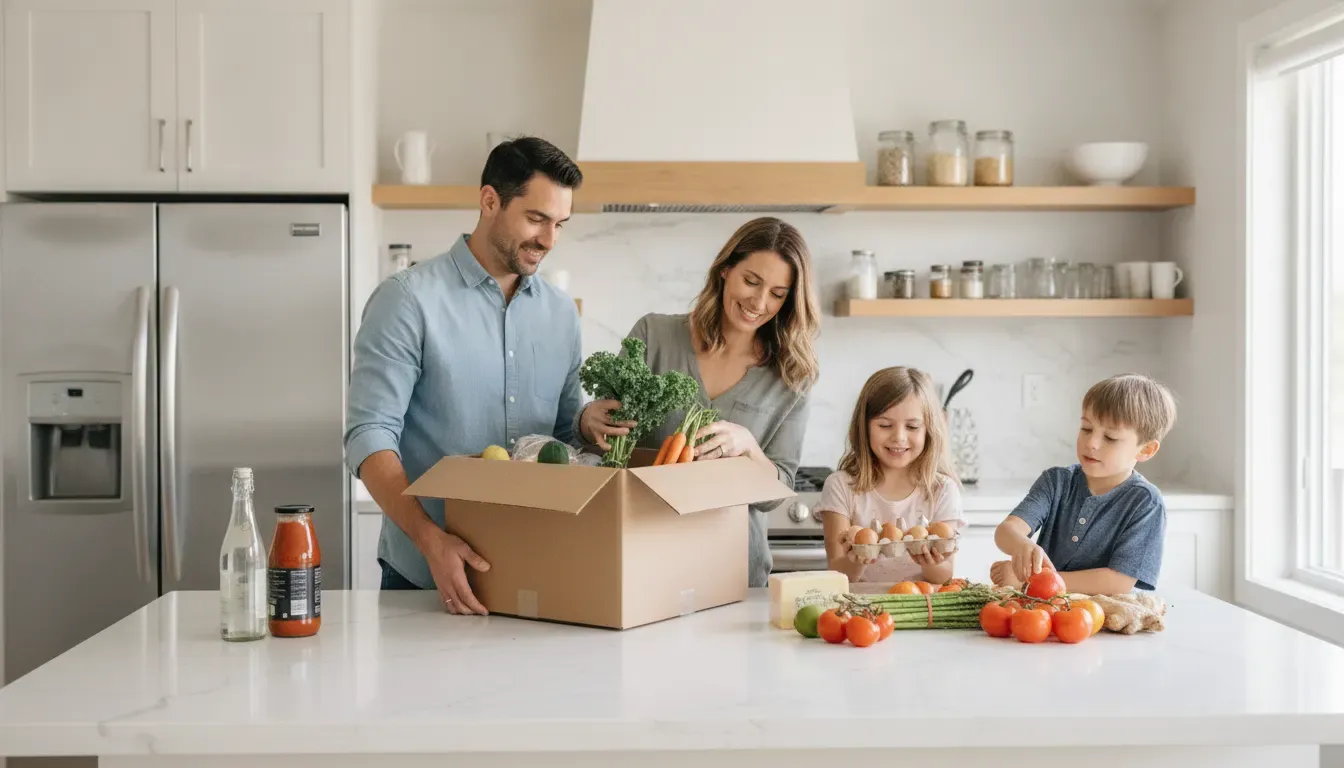Ontario family unpacking fresh groceries from a delivery box in a bright kitchen