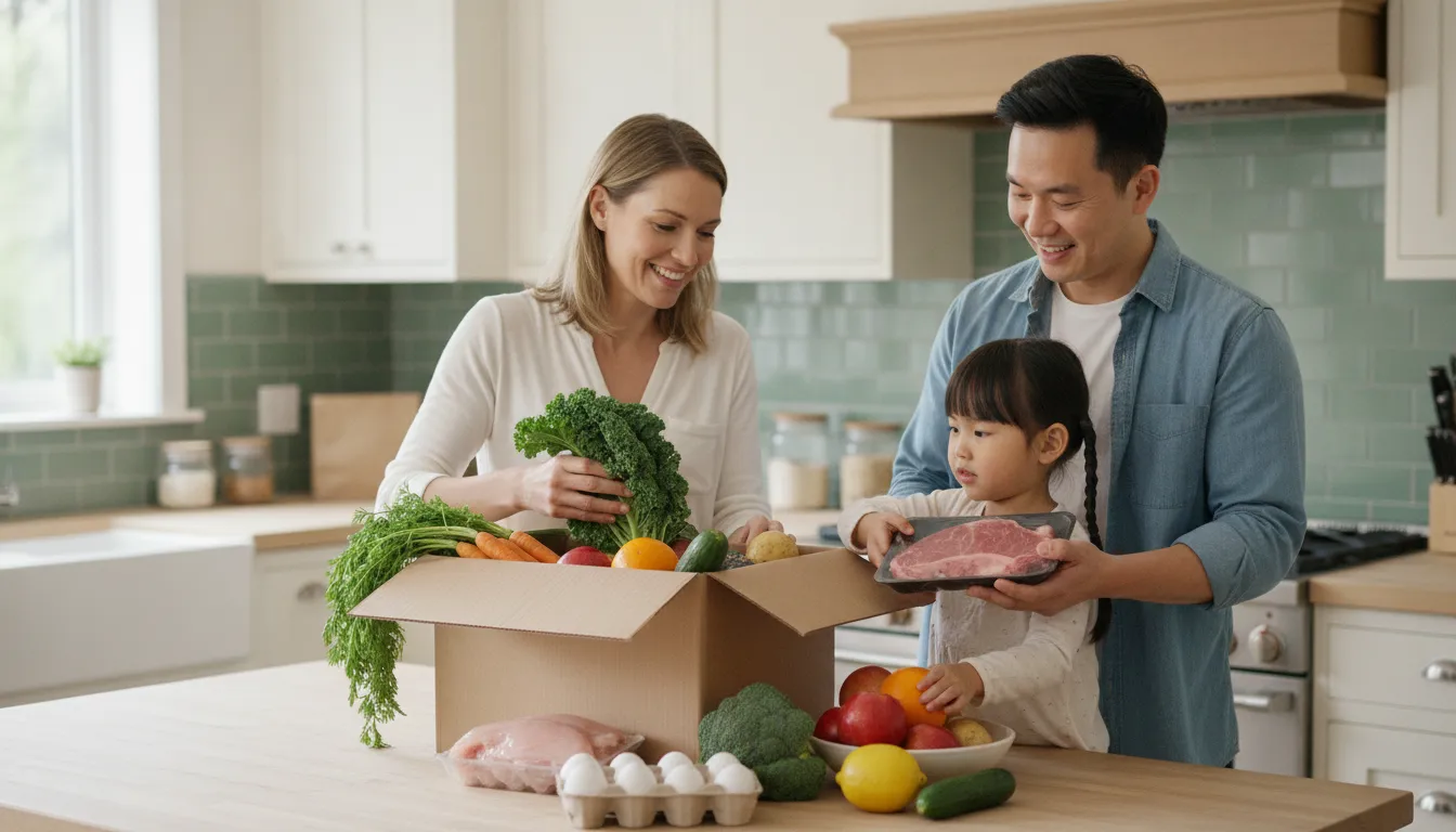 Ontario family unpacking fresh groceries from a delivery box