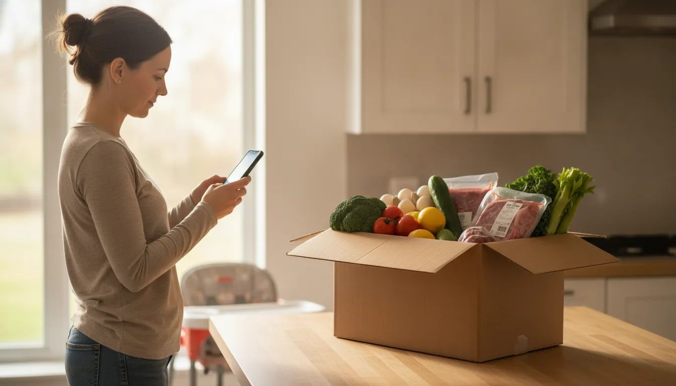 Parent organizing a grocery delivery order in a bright kitchen