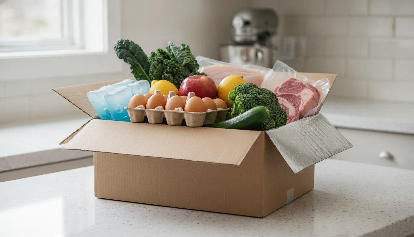 Fresh groceries arranged beside a refrigerated delivery box