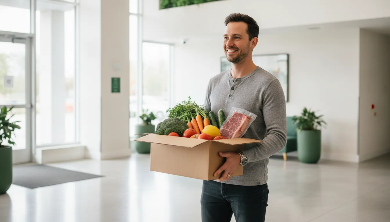 Condo resident receiving fresh groceries in an Ontario apartment lobby