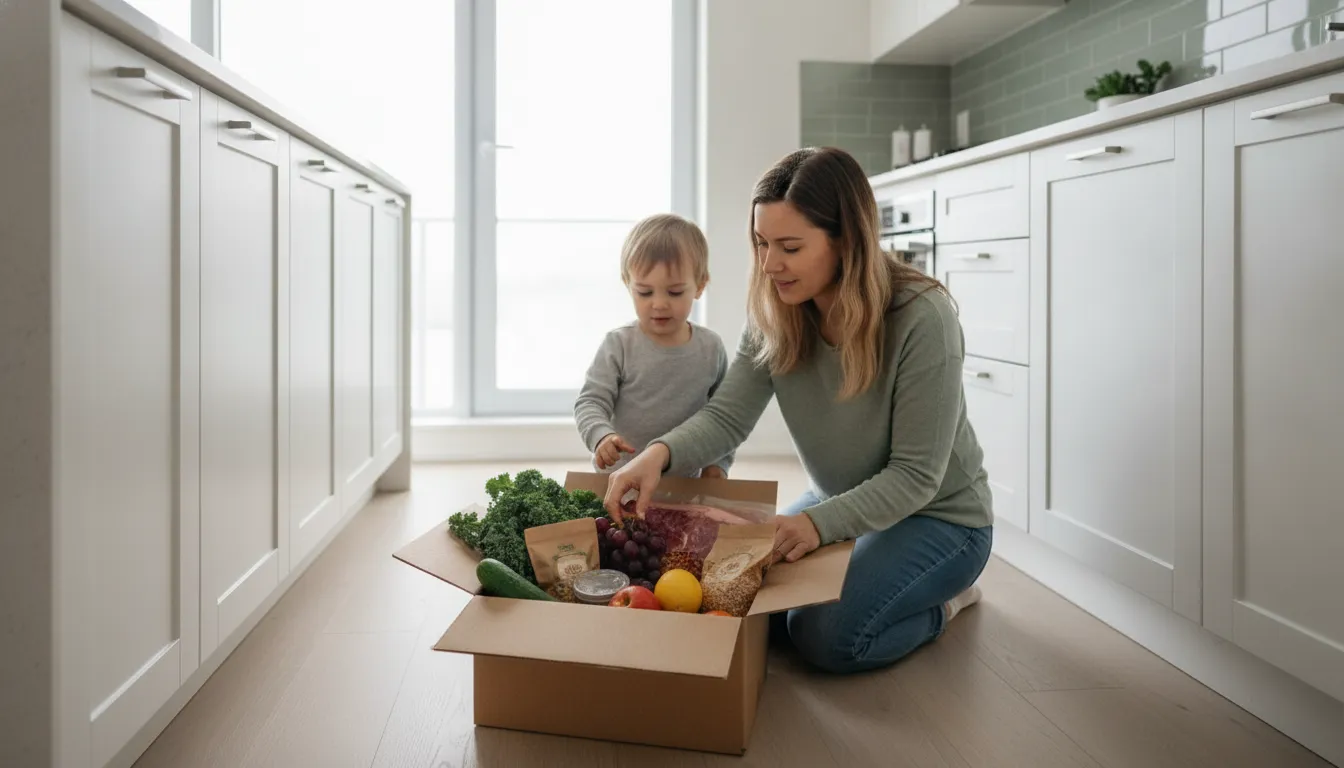 Fresh groceries being unpacked and organized in a condo kitchen
