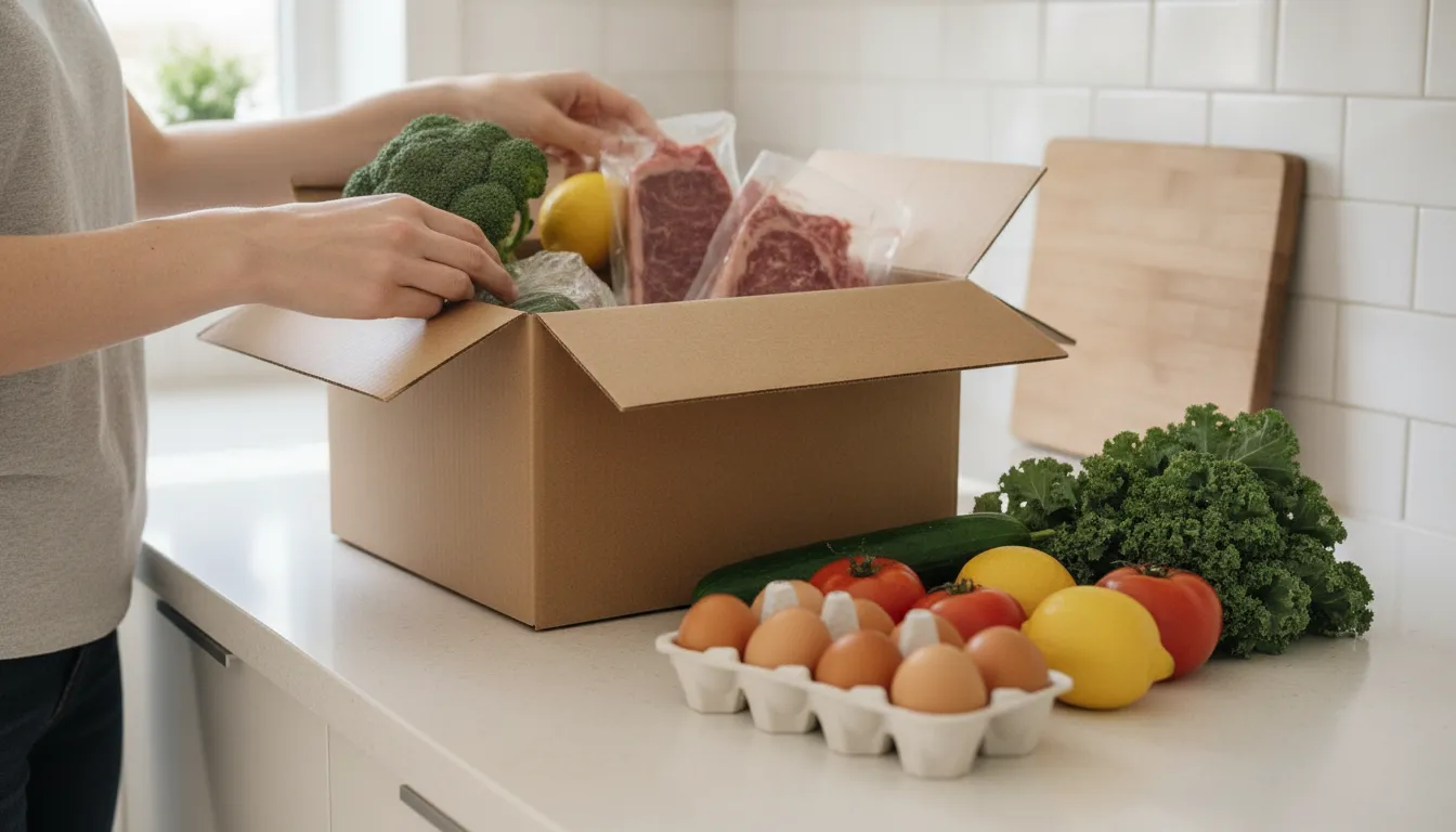 Fresh groceries being unpacked from a delivery box