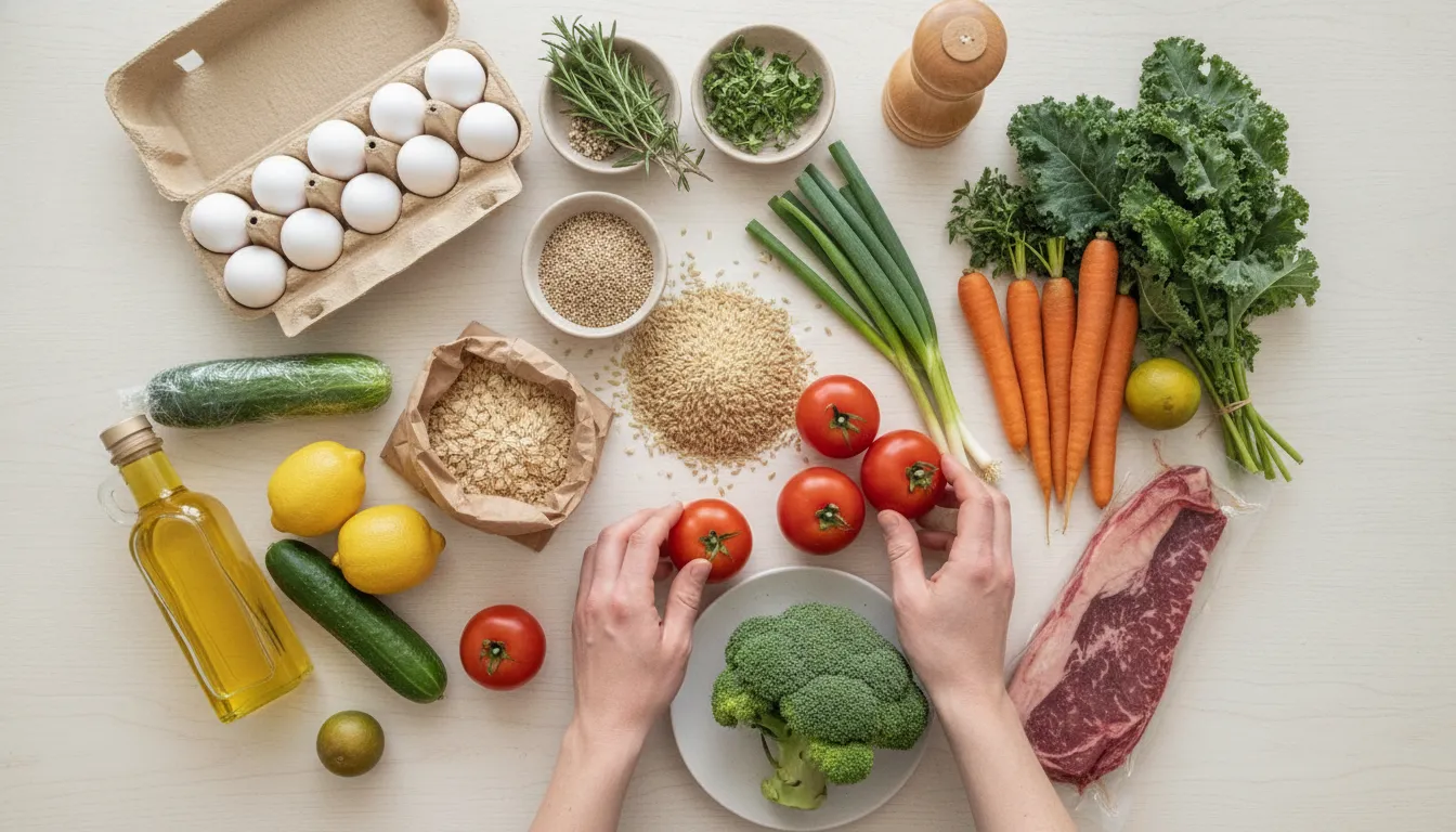 Fresh ingredients arranged for flexible family meals