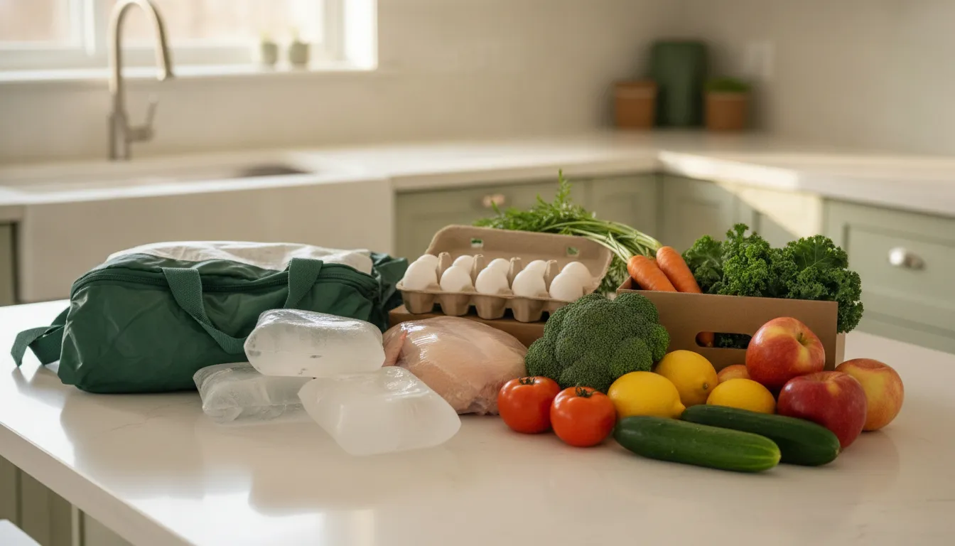 Fresh groceries beside reusable insulated delivery packaging