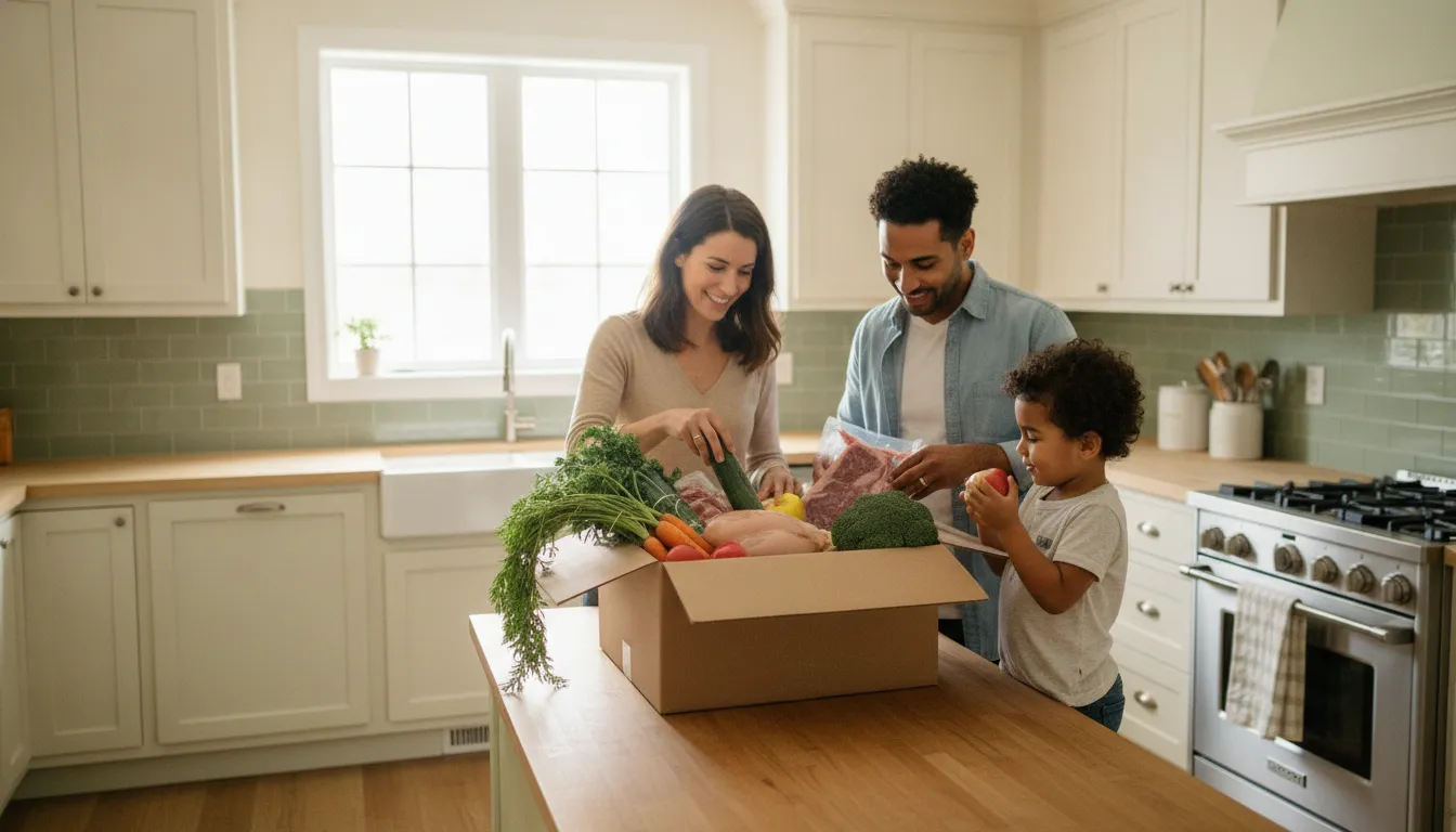 Canadian family unpacking fresh groceries from a refrigerated delivery box