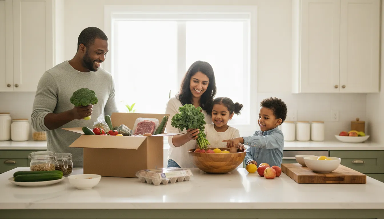 GTA family unpacking fresh groceries from an insulated delivery box