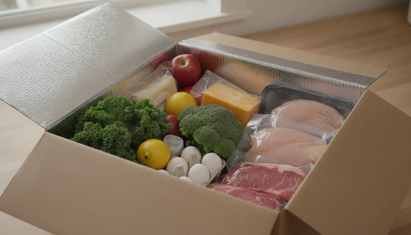 Fresh groceries protected in insulated delivery packaging