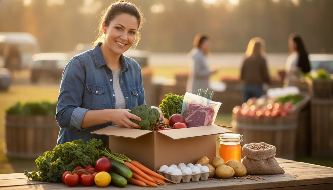 Fresh locally sourced groceries arranged for a weekly shop