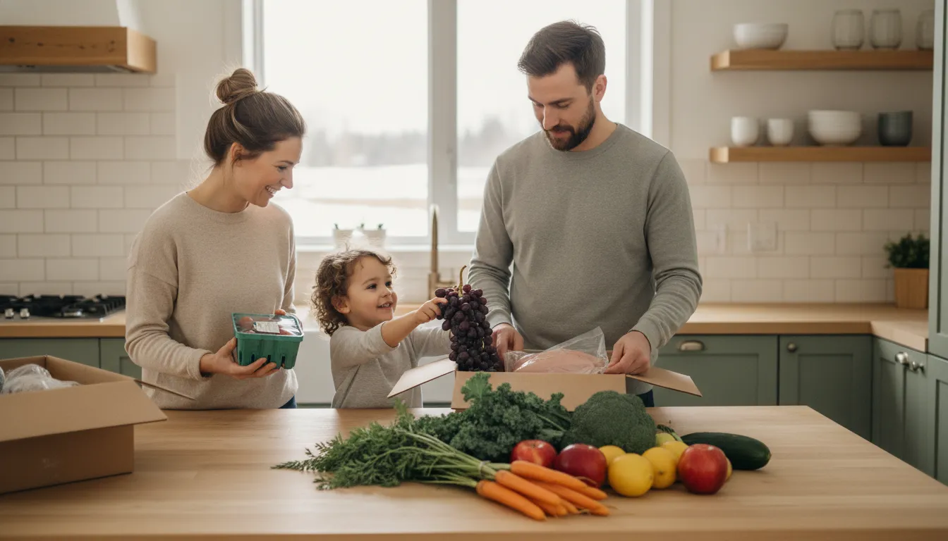 Canadian family unpacking fresh groceries from a refrigerated delivery box