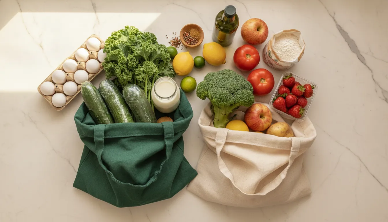 Fresh groceries arranged on a kitchen counter