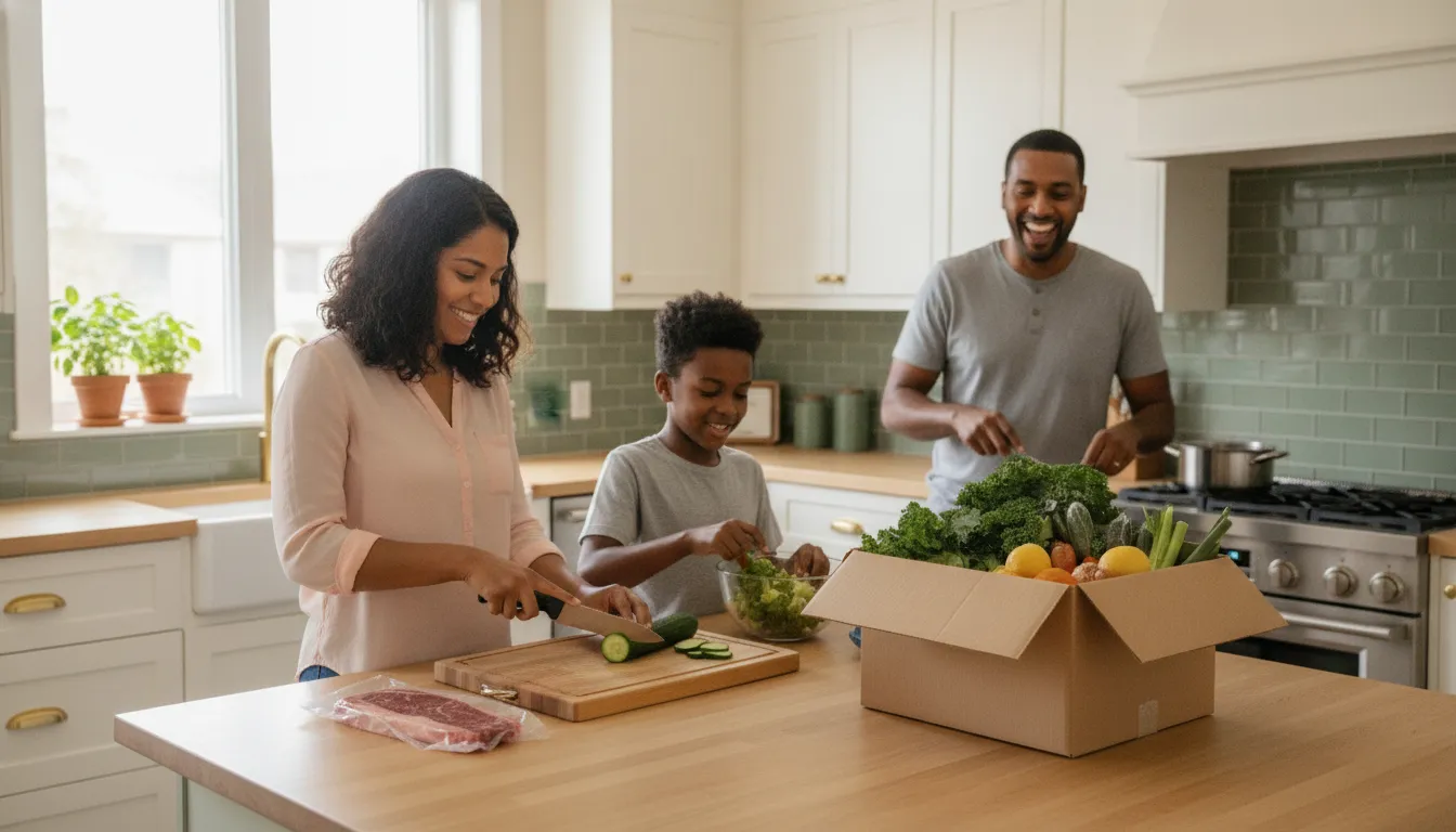 Family preparing a weeknight meal with fresh ingredients