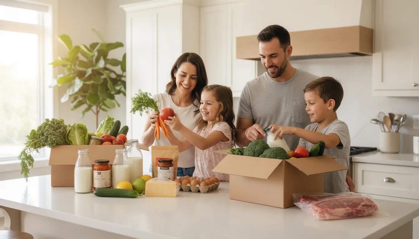 Markham family unpacking fresh groceries from a weekly delivery