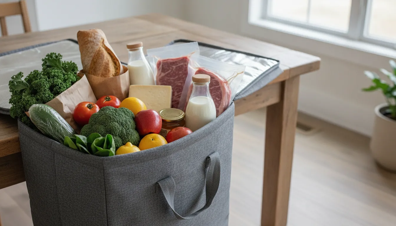 Fresh produce and groceries arranged for a weekly home delivery