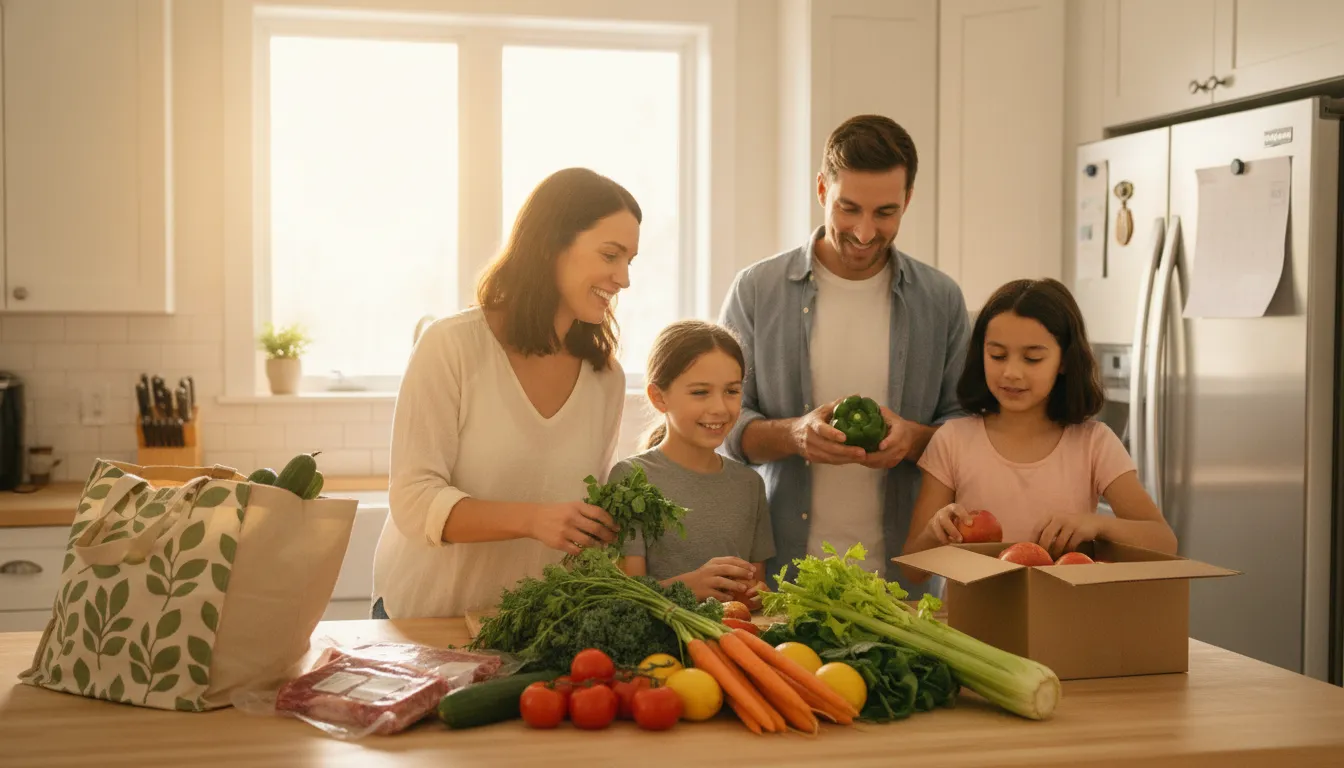 Canadian household planning a week of fresh groceries in a sunny kitchen