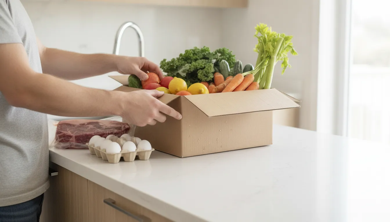 Fresh groceries being unpacked from a refrigerated delivery box