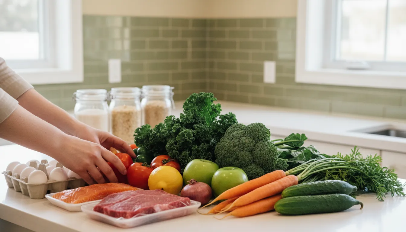 Fresh produce and pantry staples organized for a weekly grocery routine