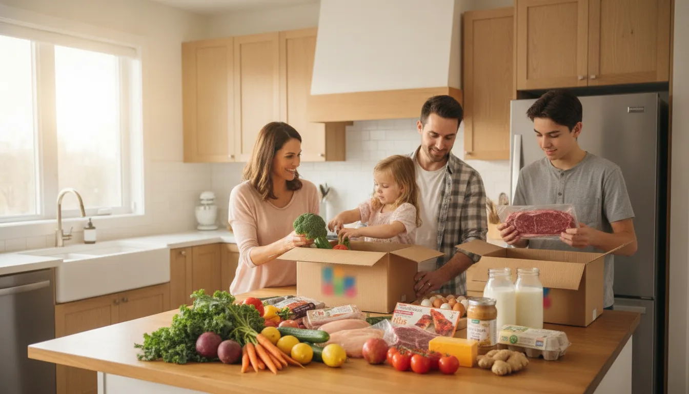 GTA family unpacking fresh groceries from a weekly delivery box