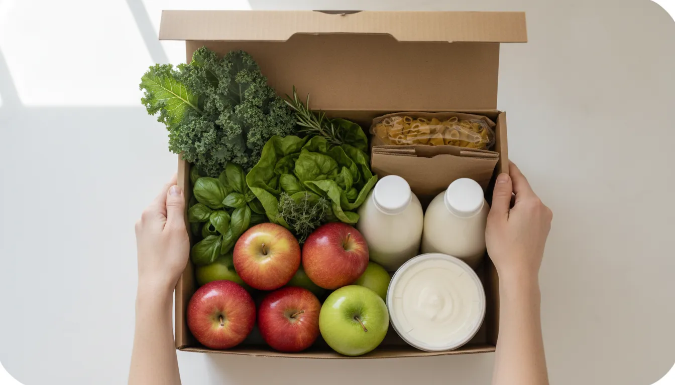 Insulated grocery delivery box with fresh groceries ready to unpack