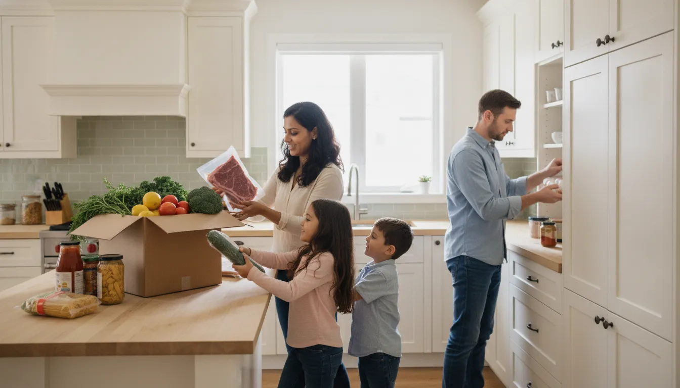 GTA family unpacking fresh groceries from a refrigerated delivery box
