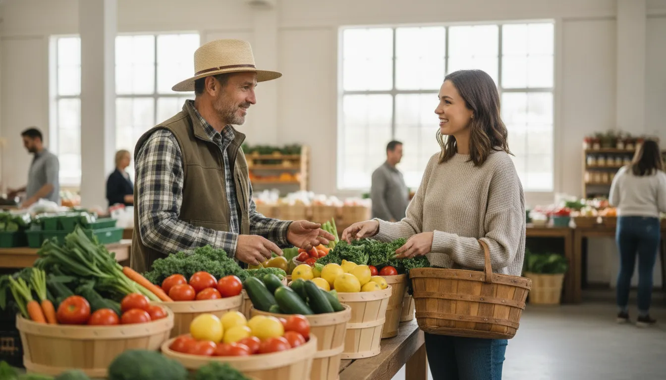 Canadian farmer and shopper selecting fresh local produce