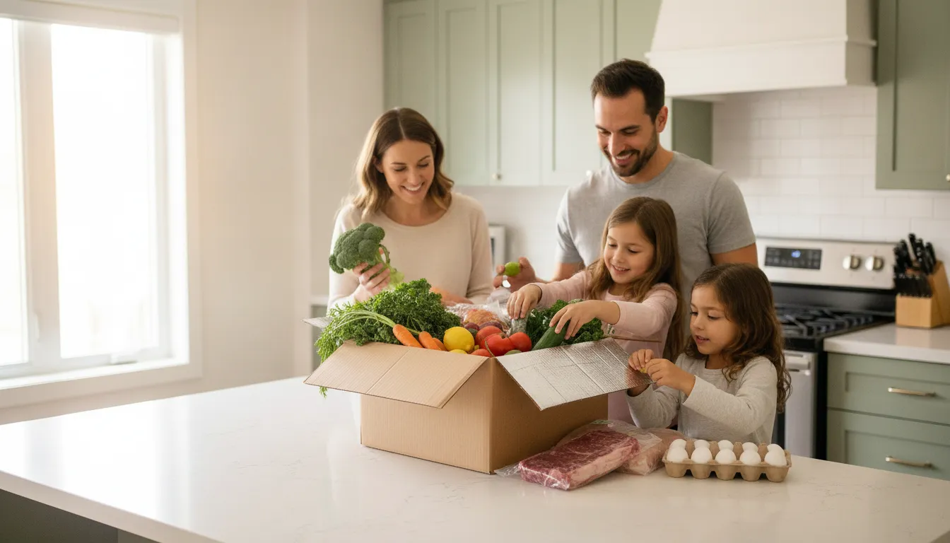 Mississauga family unpacking fresh groceries from a weekly delivery box