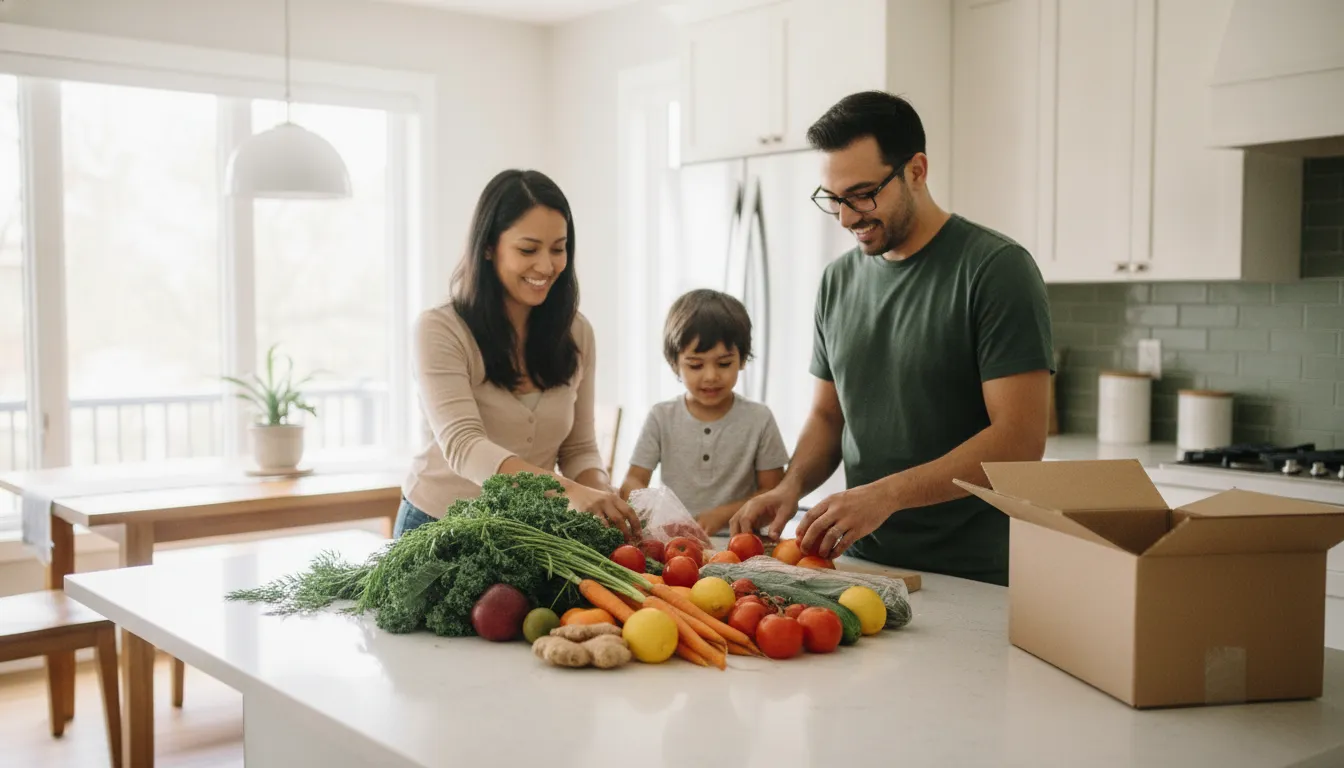 Toronto family unpacking fresh produce delivery