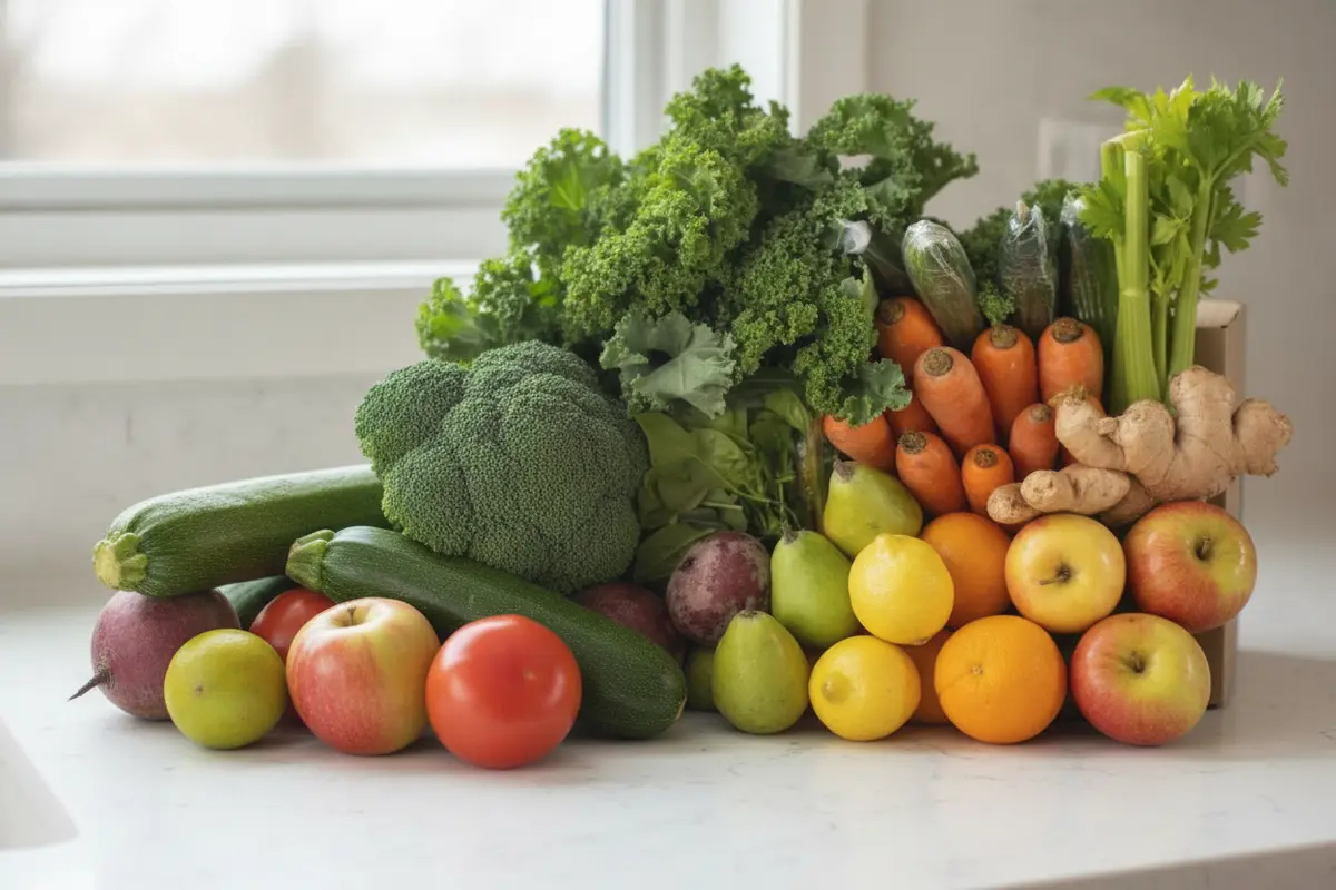 Fresh vegetables and fruit unpacked on a kitchen counter for the week's meals