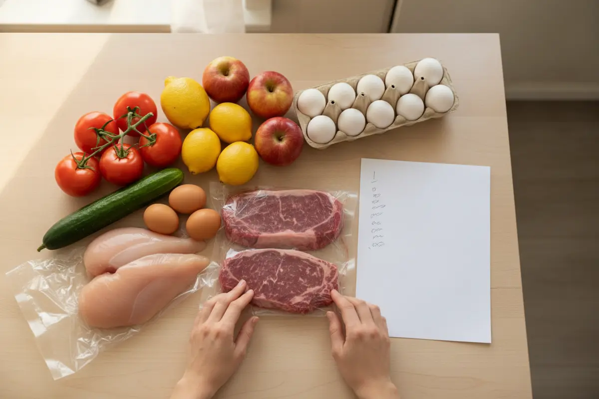 A shopper planning meals for the week with fresh produce and a handwritten grocery list