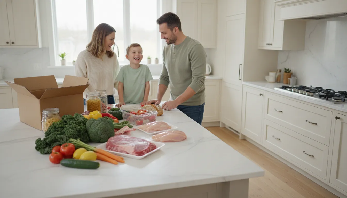 Ontario family unpacking fresh meat and groceries from a delivery box