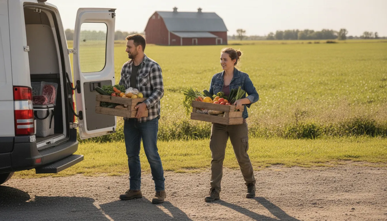 Ontario farm delivery crates with fresh groceries and meat