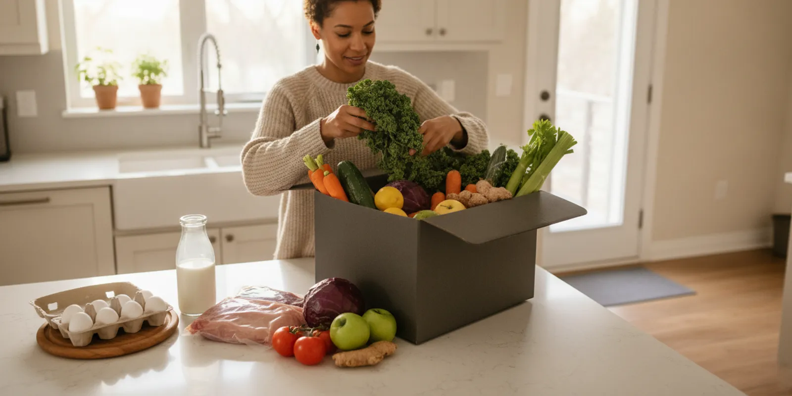 Fresh groceries being unpacked at a home kitchen in Brampton