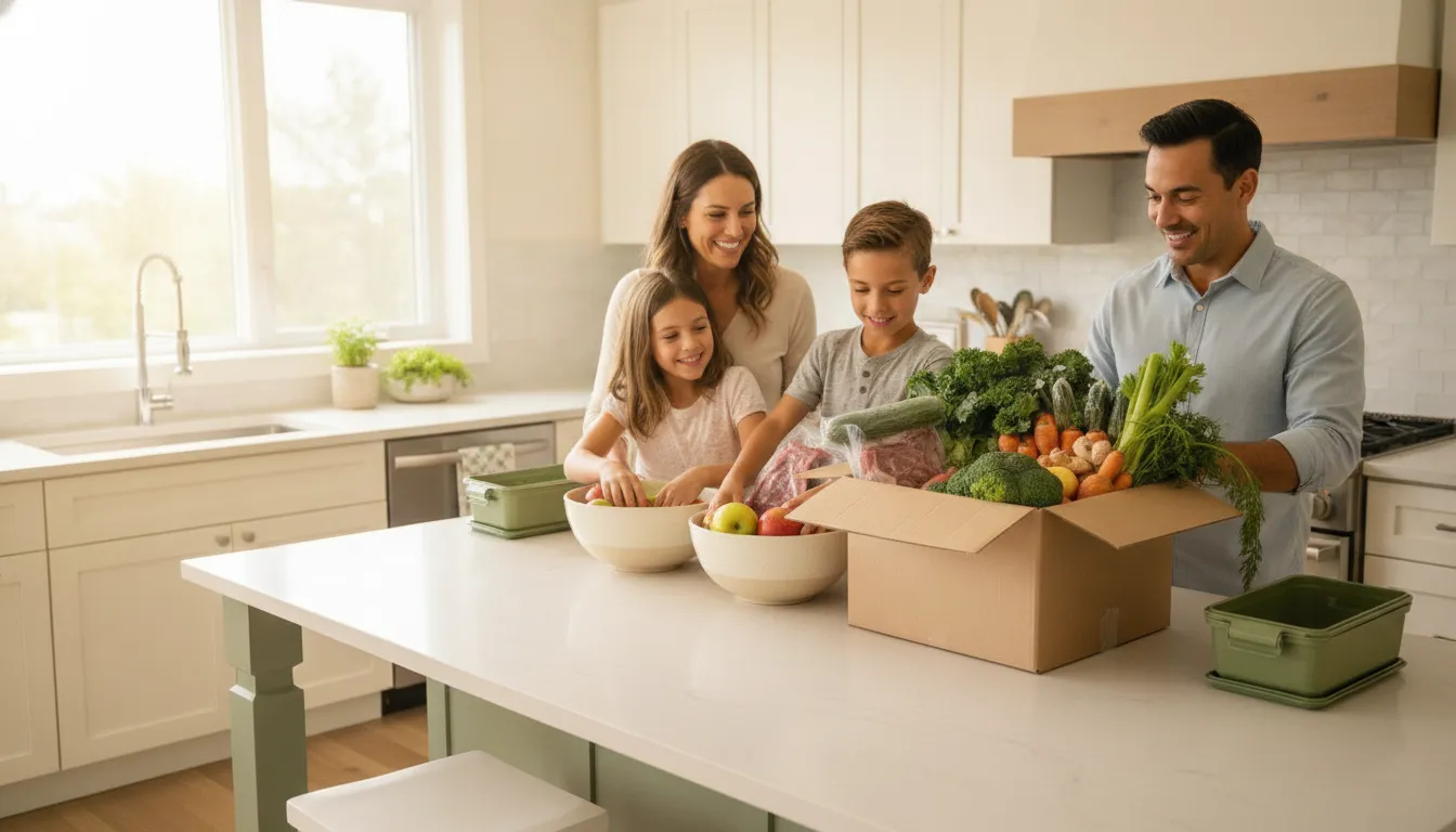 Family unpacking a fresh grocery delivery box in a Toronto kitchen