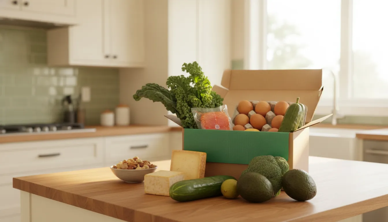Fresh groceries and a delivery box arranged for a weekly keto shopping routine