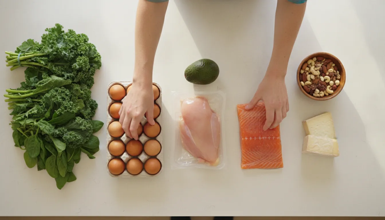 Fresh proteins, eggs, cheese, avocado, and nuts arranged for grocery planning