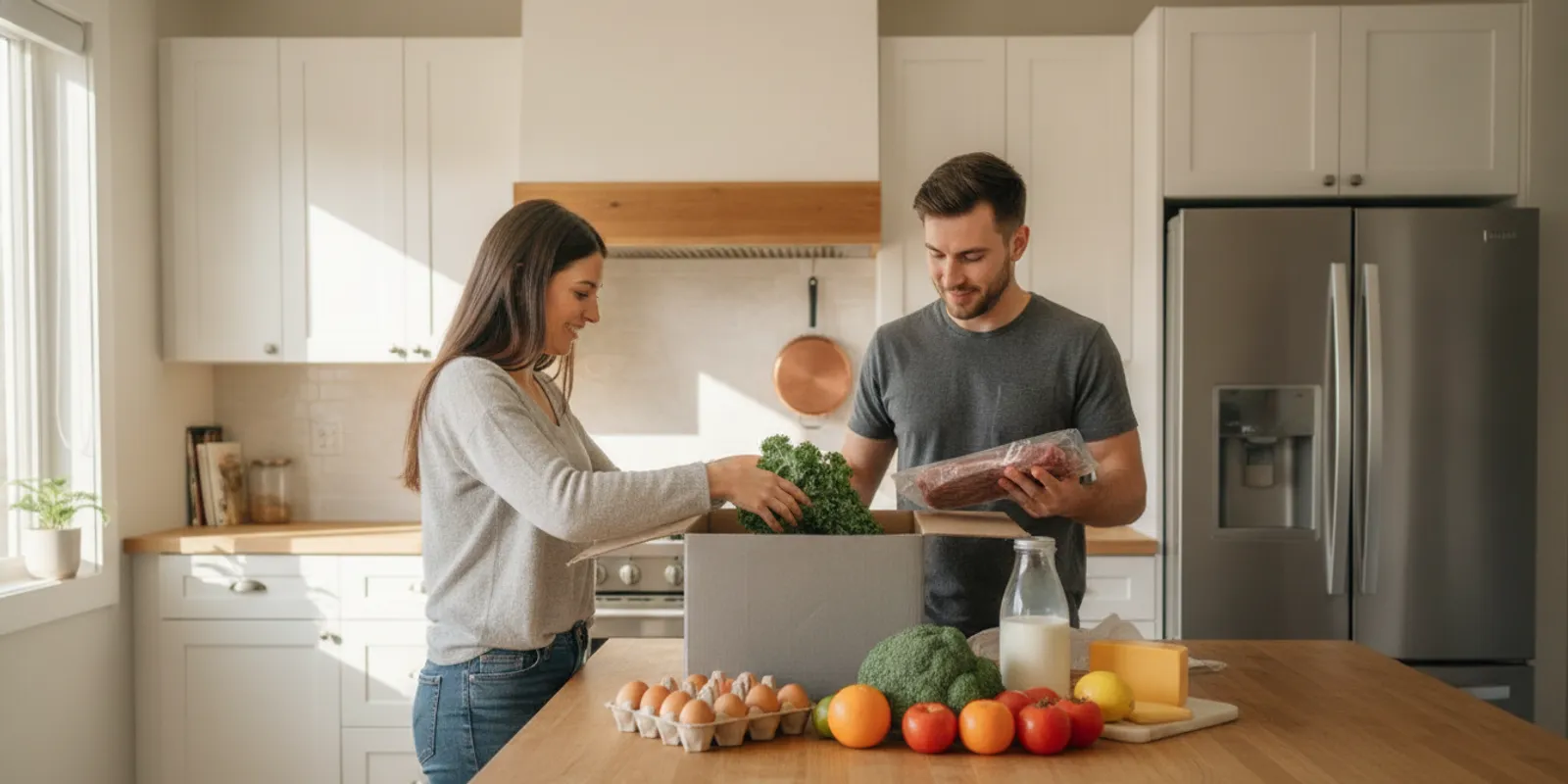 A shopper unpacking fresh groceries from an insulated delivery box at home