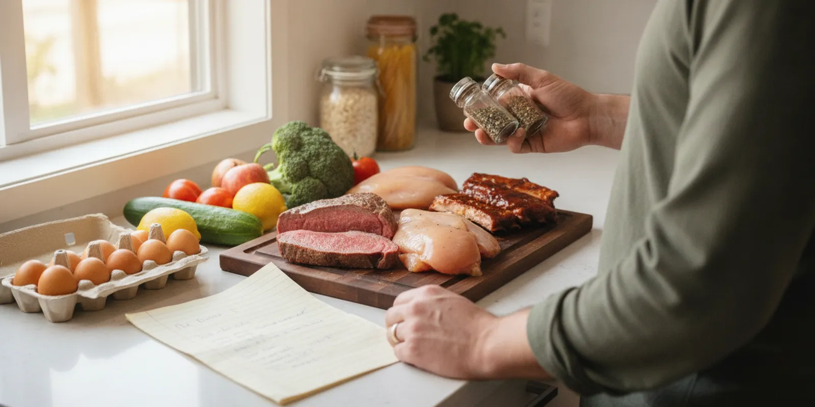 A home cook choosing jars for a spice subscription box in Canada beside fresh ingredients