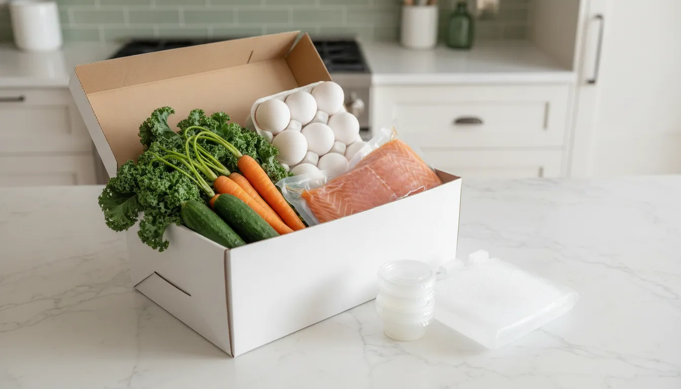 Open grocery box with vegetables, eggs, and salmon beside empty sauce cups and a gel ice pack