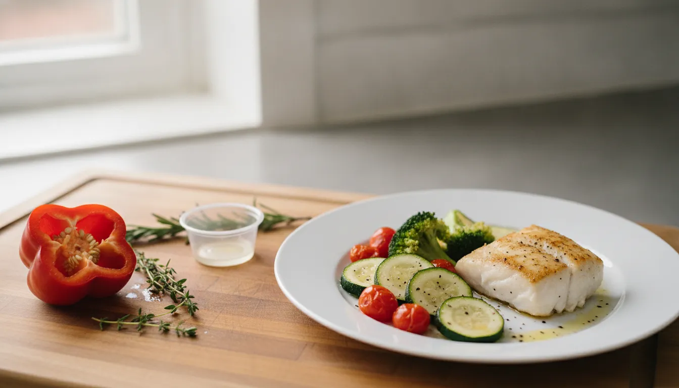 A plated fish dinner beside a cut red pepper, herb sprigs, and a small plastic sauce cup on a wooden board