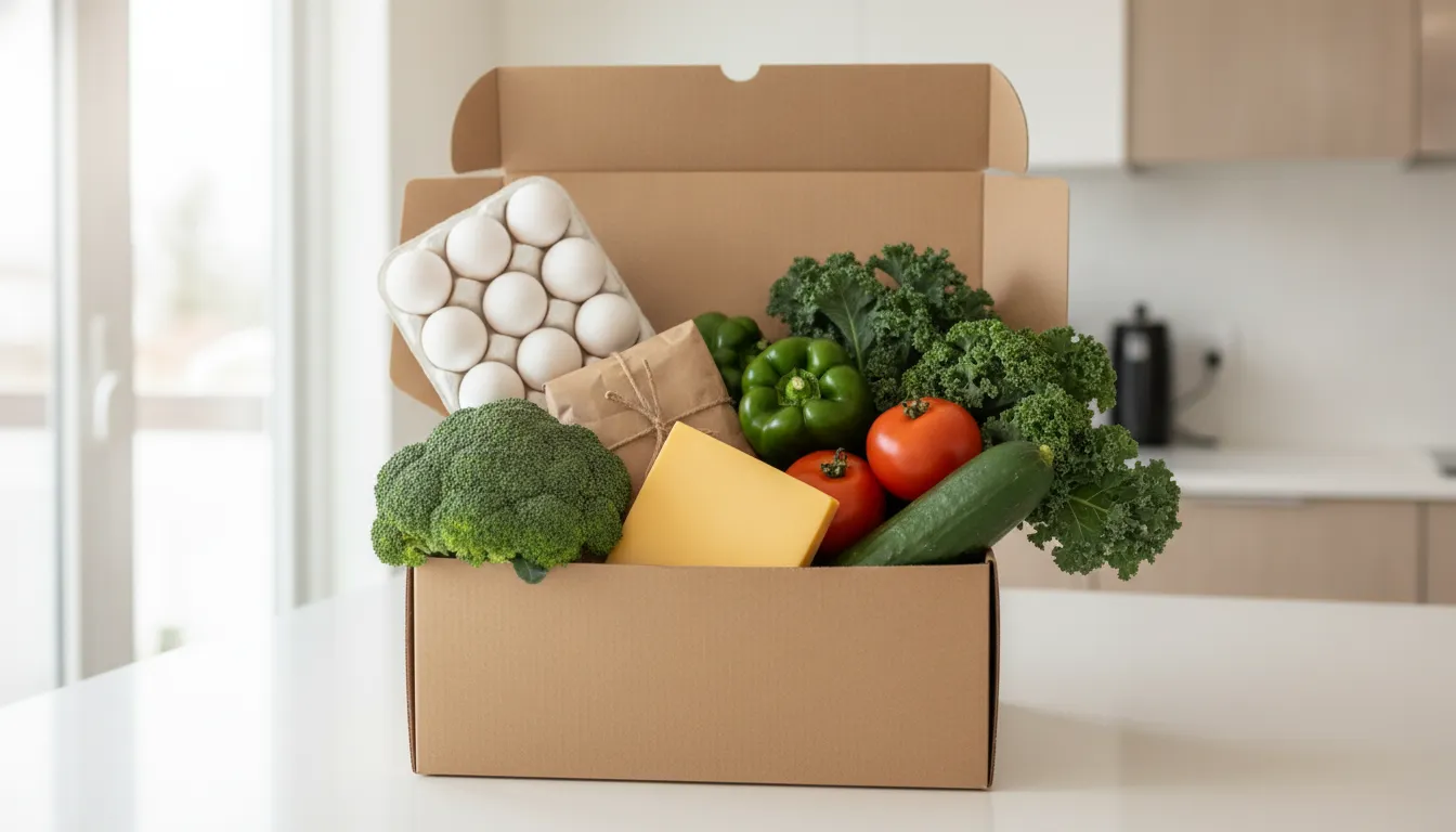 Open weekly grocery box with eggs, broccoli, kale, peppers, tomatoes, cheese, and a paper-wrapped parcel