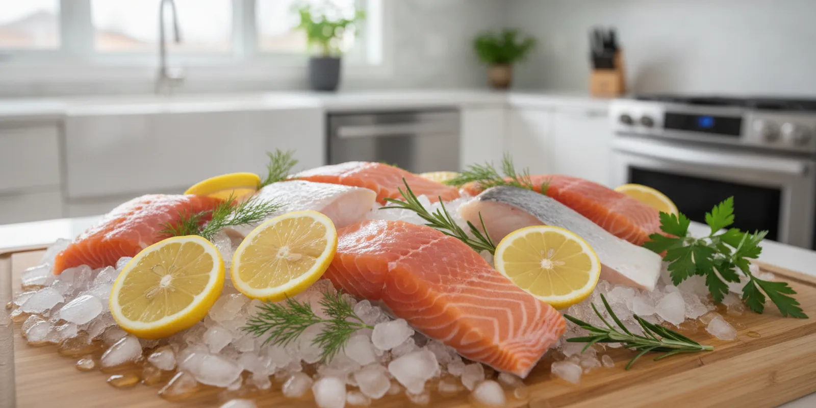 Fresh fish fillets arranged on ice beside herbs in a home kitchen