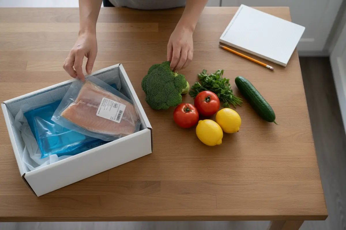 Home cook checking a chilled fish delivery package