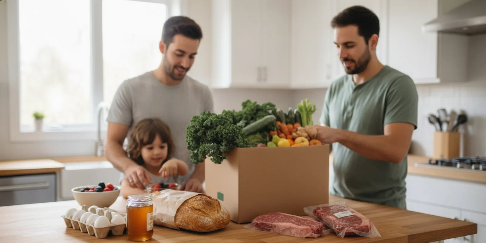 A household sorting fresh groceries from a delivery box in a bright kitchen