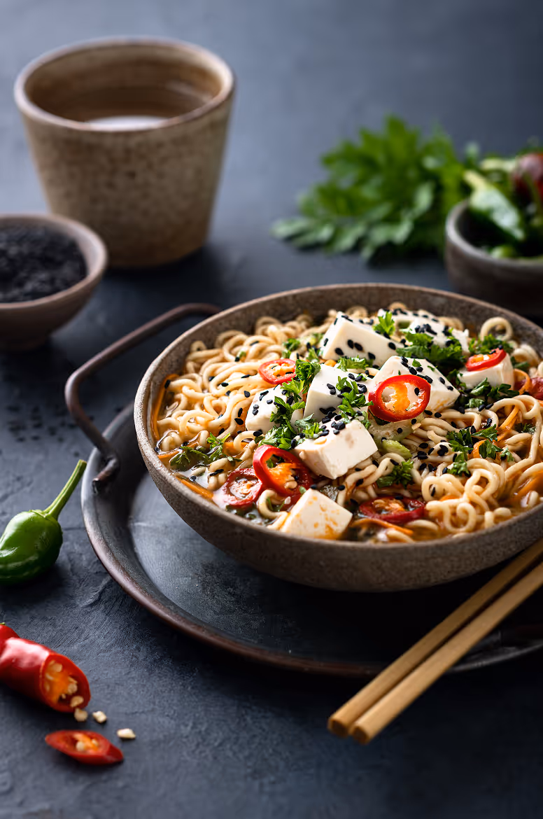 Bowl of ramen noodles with tofu cubes, sliced red chili peppers, chopped parsley, and black sesame seeds, served with chopsticks on a dark surface.