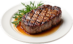 Grilled steak with grill marks served on a white plate with rosemary and sauce.