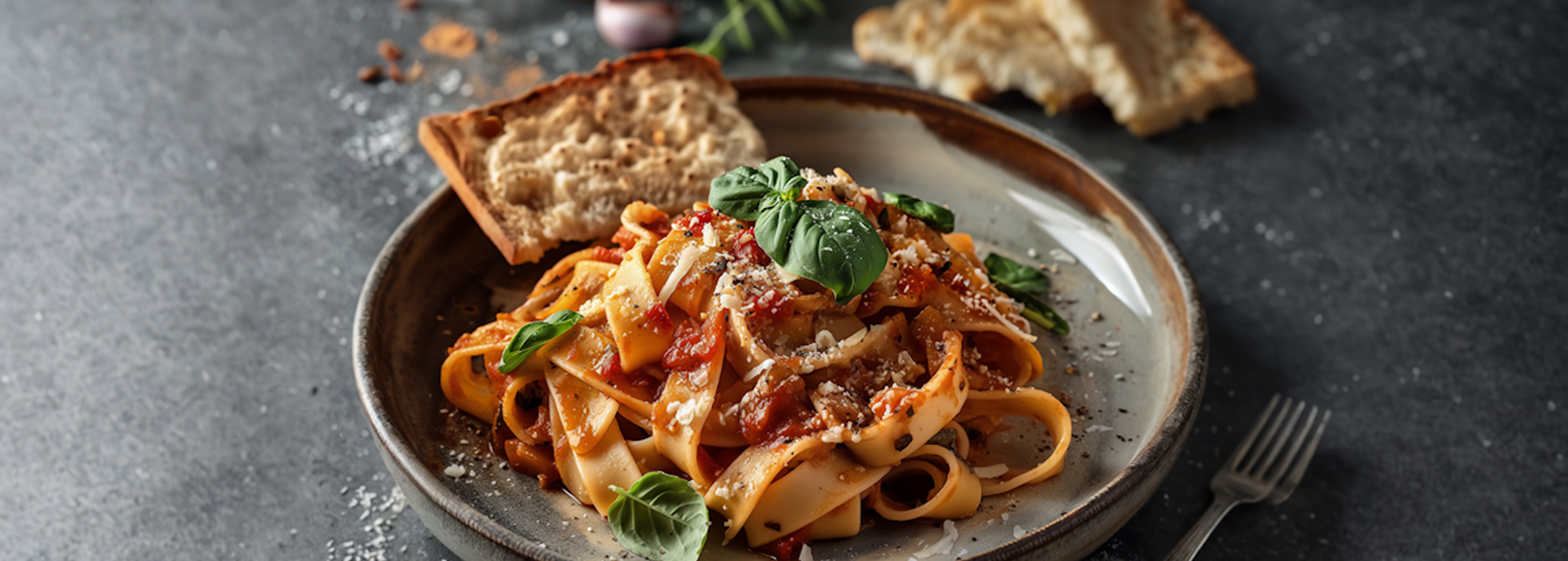 Plate of tagliatelle pasta with tomato sauce, grated cheese, and basil leaves, served with toasted bread on a gray surface.