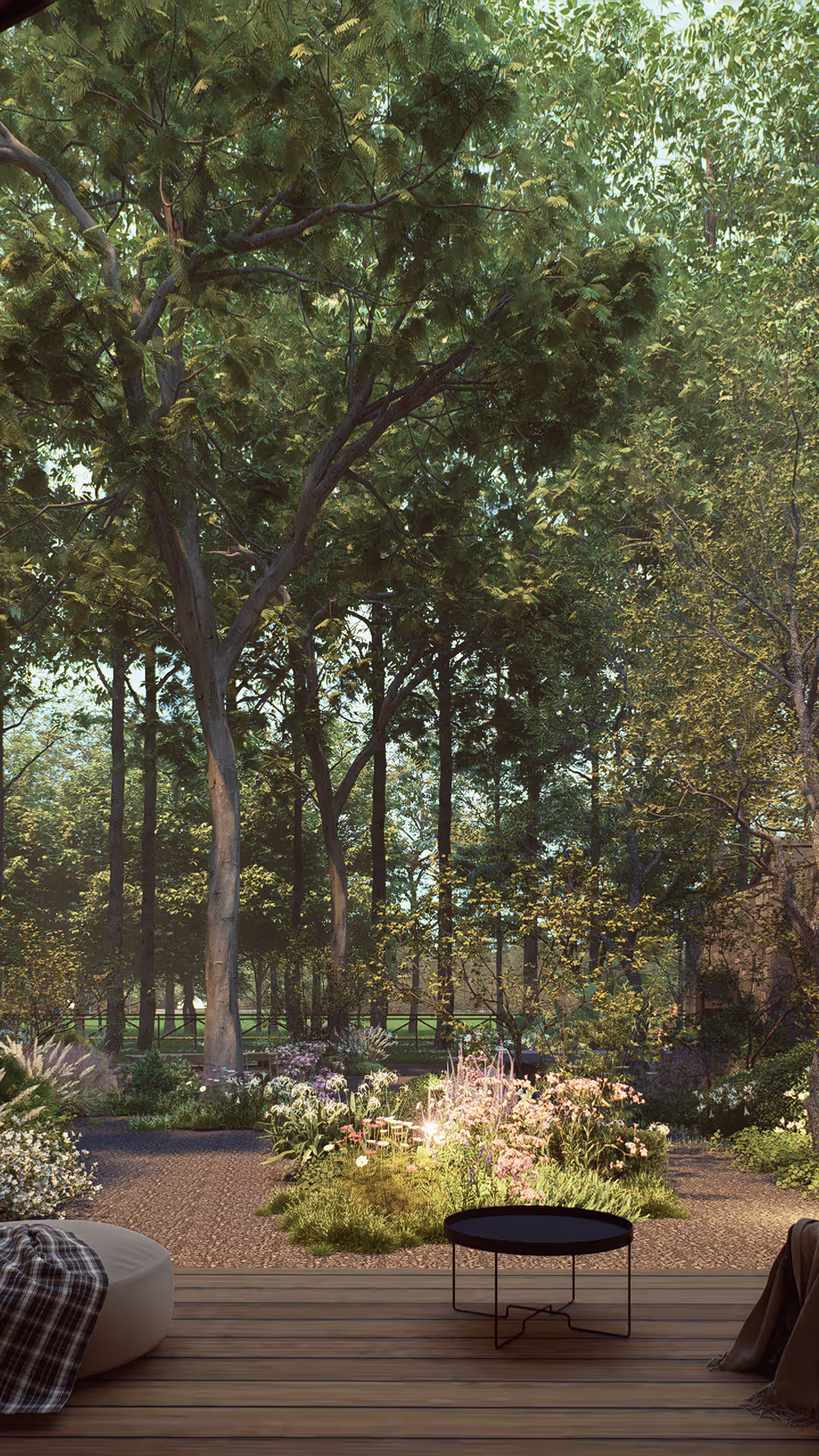 Lush landscaped garden with wildflowers and tall trees at Hacienda La Danesa.