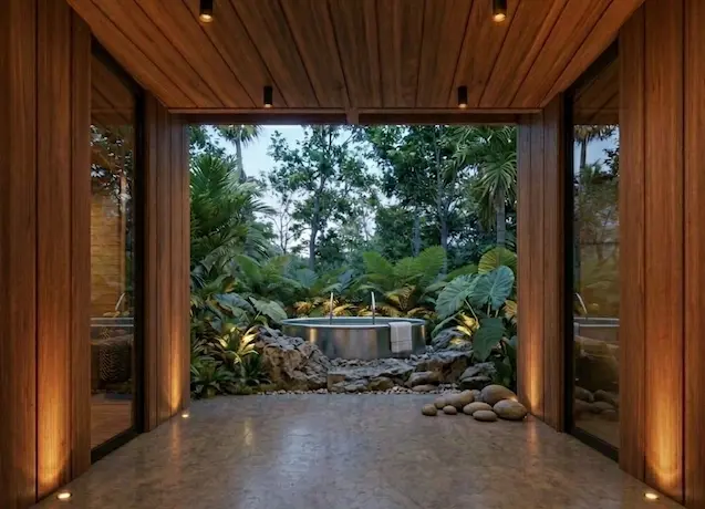 Pareja relajándose en una terraza de madera junto a la piscina natural de Hacienda La Danesa.